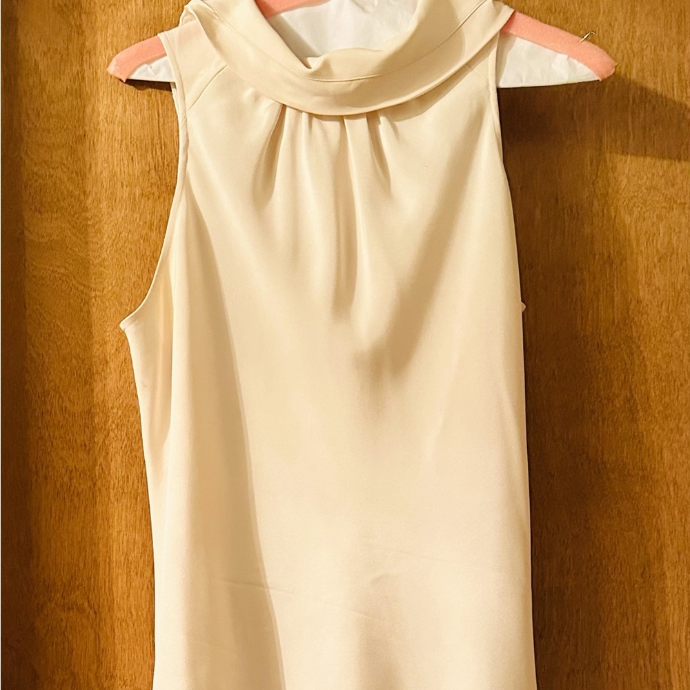 Lafayette 148 Silk Blouse - high button neck & tie at waist or hip. Cream